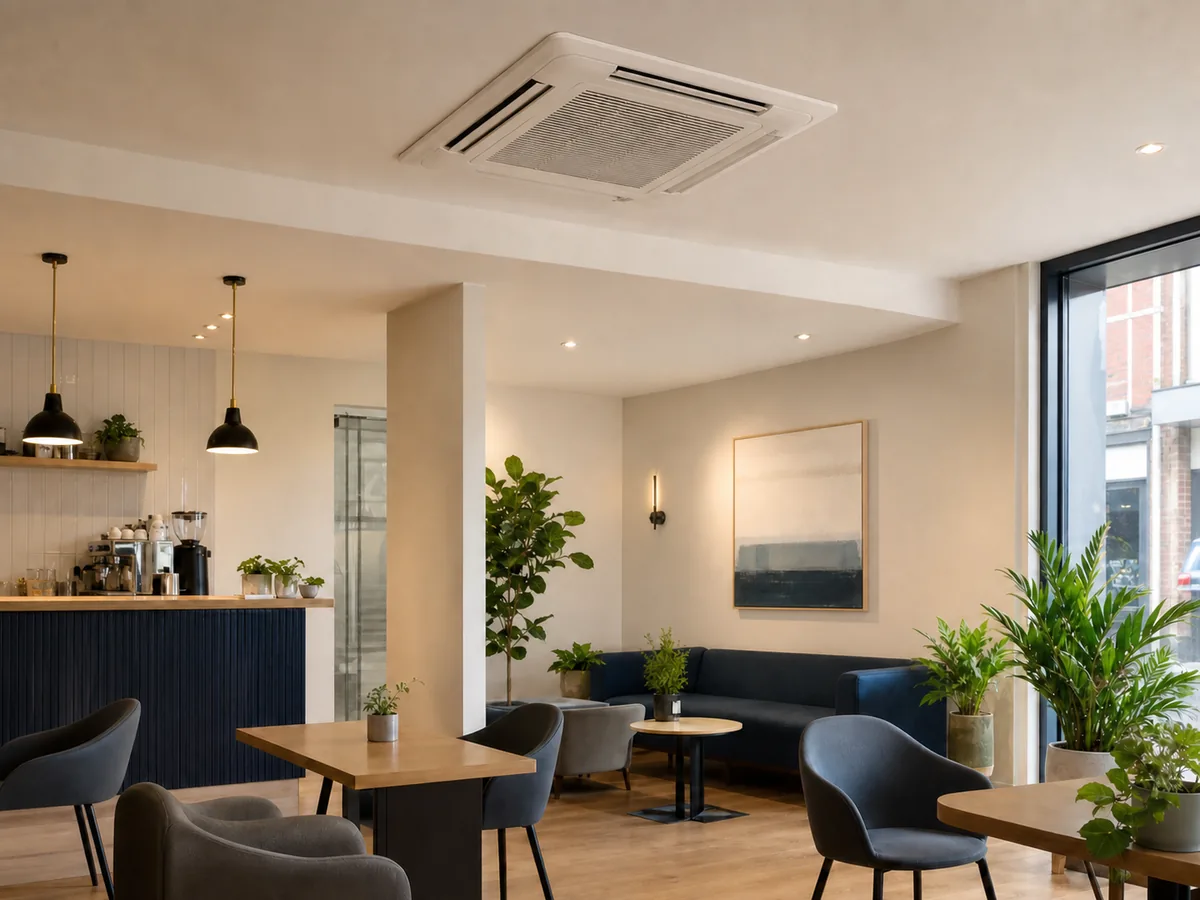 Ceiling cassette air-conditioning unit in a modern interior
