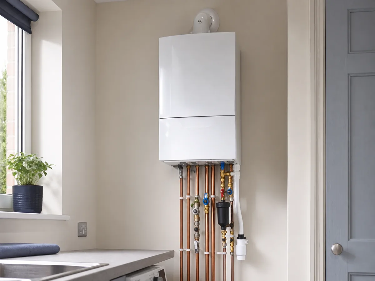 Modern wall-hung boiler with neat copper pipework