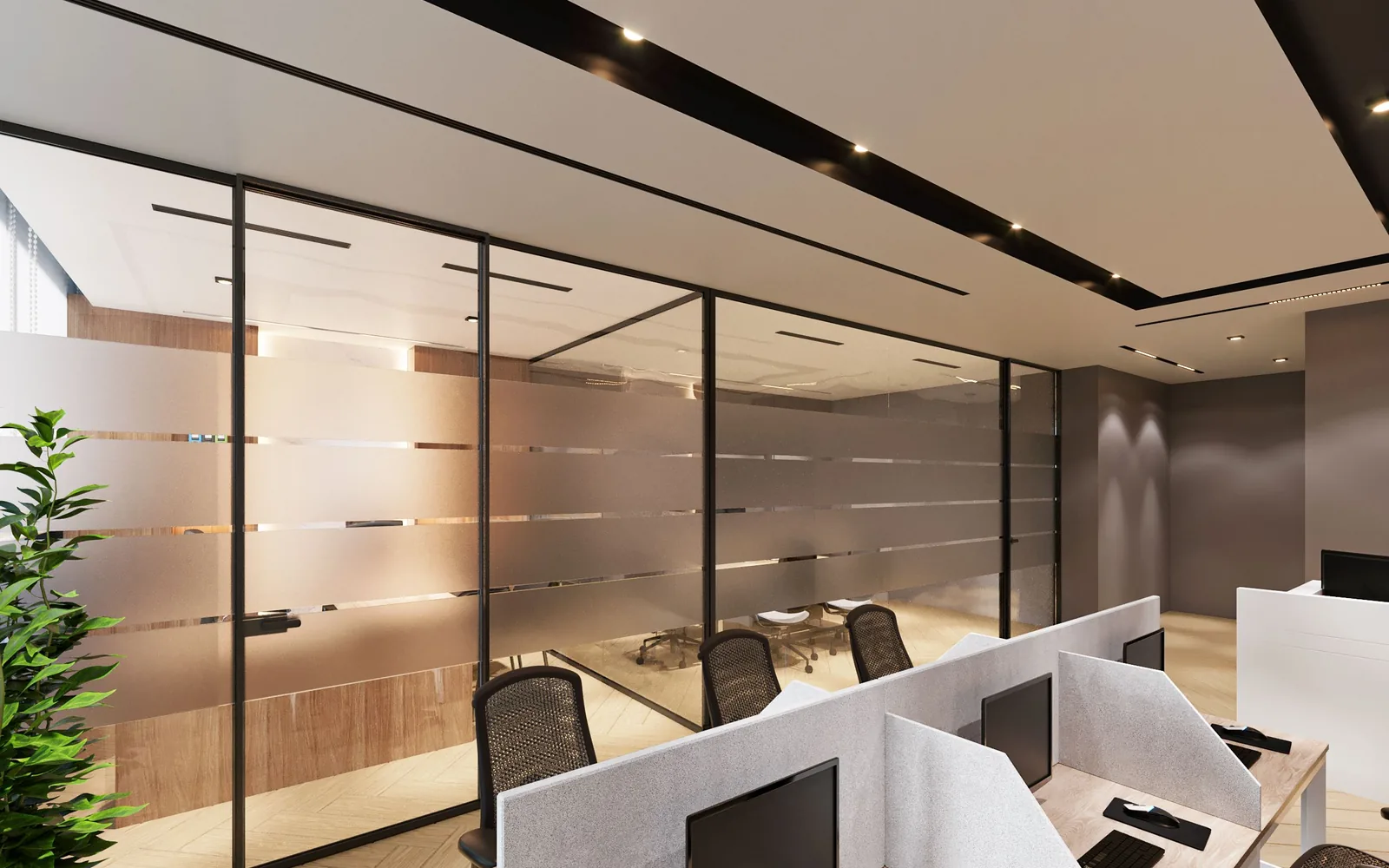 Contemporary office interior with glass partitions and workstations