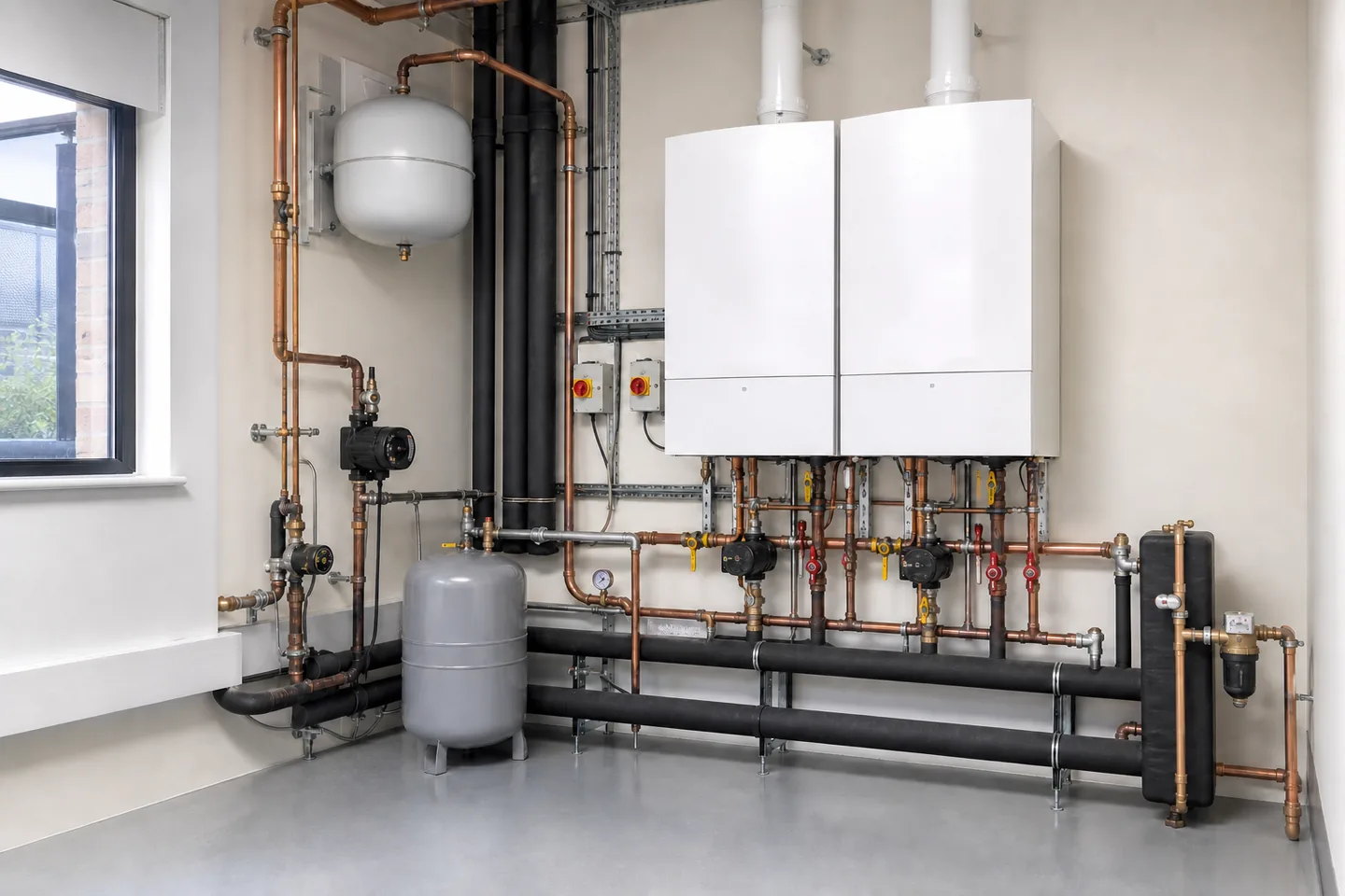 Clean commercial heating plant with organised pipework