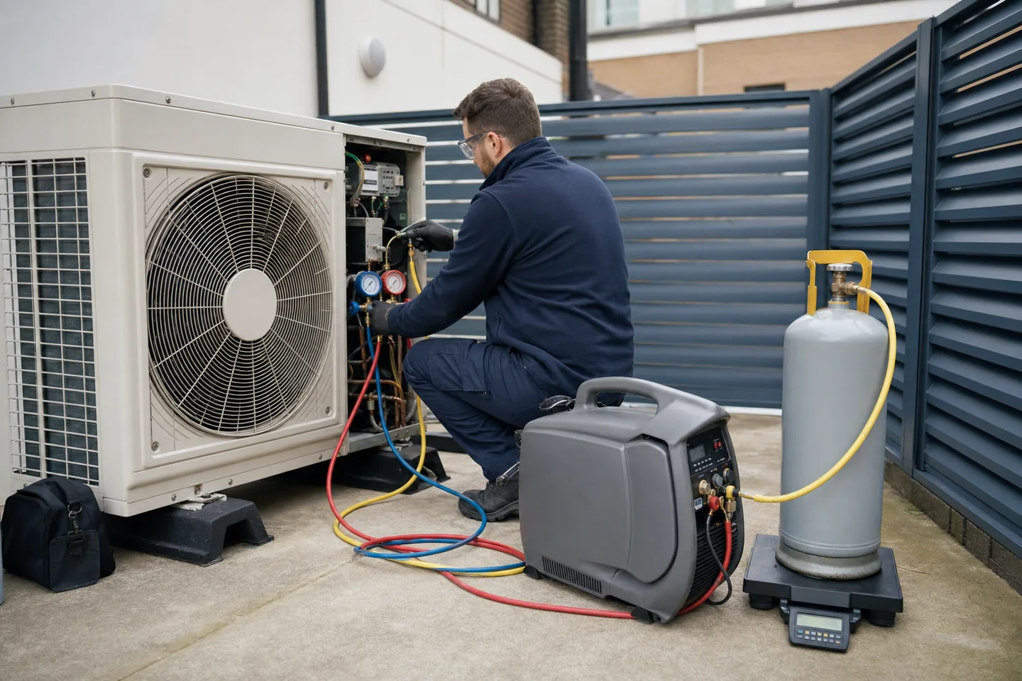 Certified technician recovering refrigerant from an older condenser